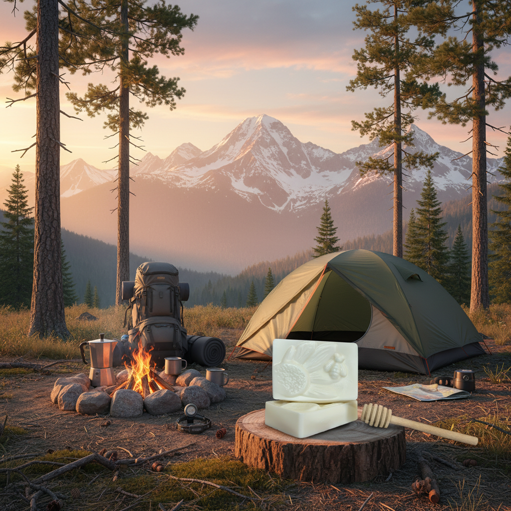 Camping scene with a tent, backpack, campfire, and soap on a log in front of mountains.