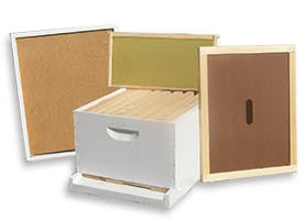 Beginner beekeeping kit includes bottom board, entrance reducer, 10 frames, inner cover, and outer cover.