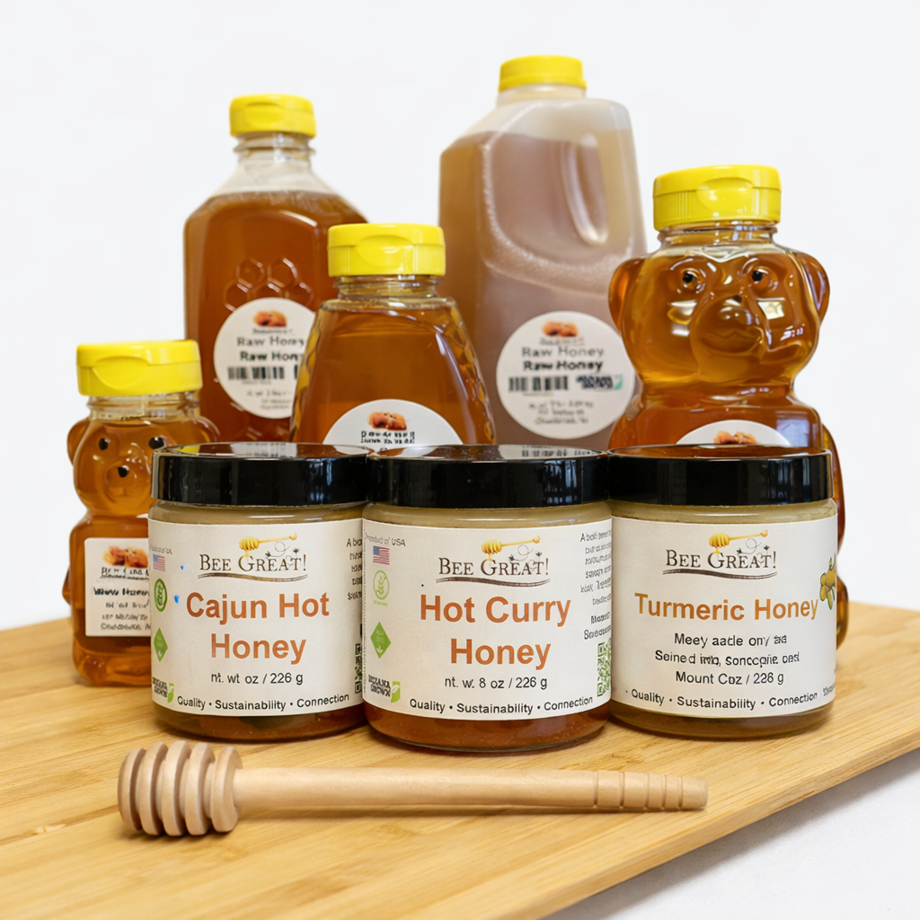 Bee Great honey collection featuring raw honey bottles and specialty infused honey jars.