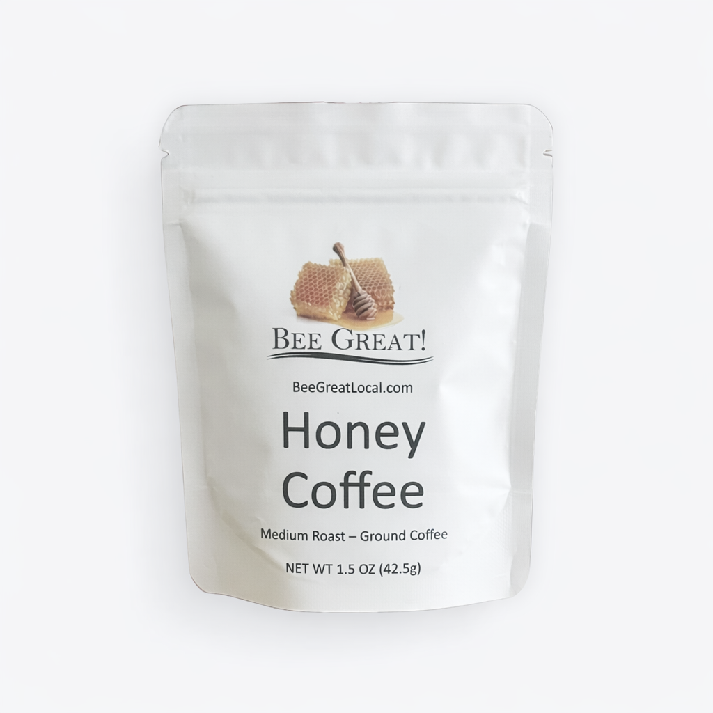 Bee Great Honey Coffee 1.5 oz bag medium roast ground Arabica coffee with subtle honey flavor