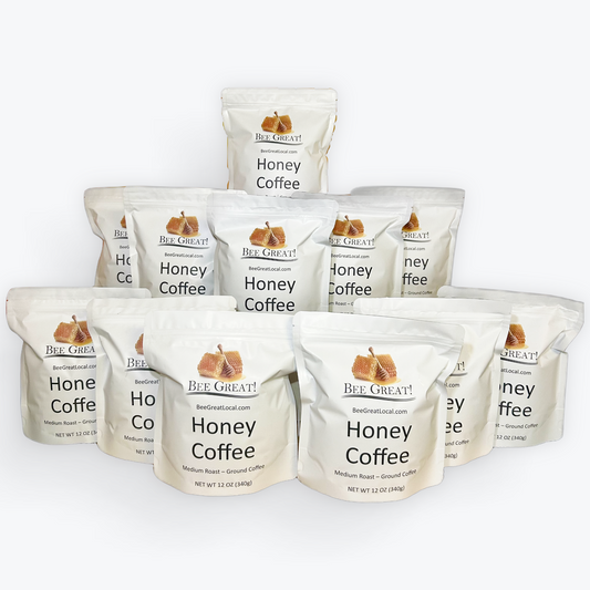 Bee Great Honey Coffee bulk case pack with multiple 12 oz bags for retail and wholesale sales