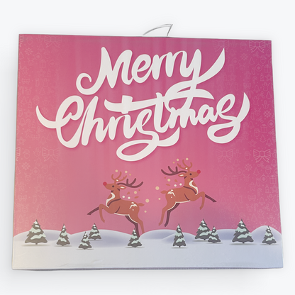 Pink Christmas advent calendar with reindeer and 'Merry Christmas' text on a white background