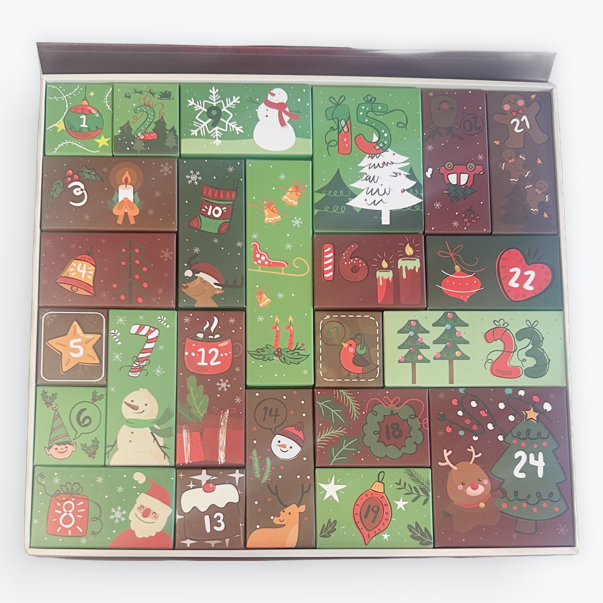 Advent calendar with colorful squares featuring Christmas-themed illustrations on a white background.