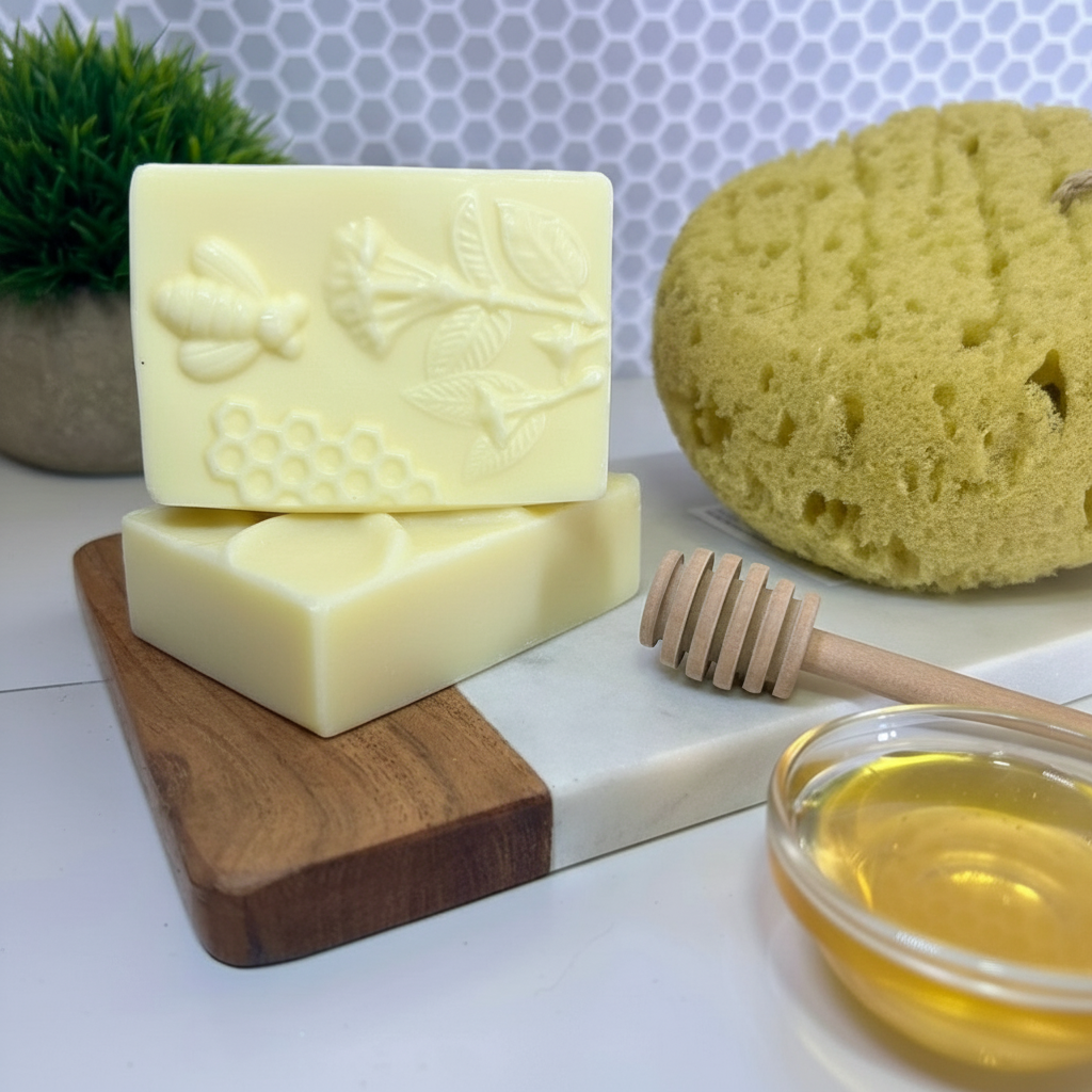 Bar of soap, honeycomb, and honey on a white surface with a honey dipper.