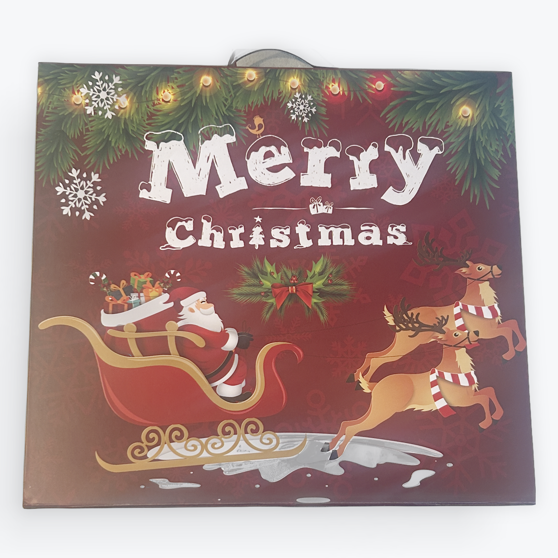 Christmas-themed advent calendar with Santa Claus and reindeer, featuring the text 'Merry Christmas'.