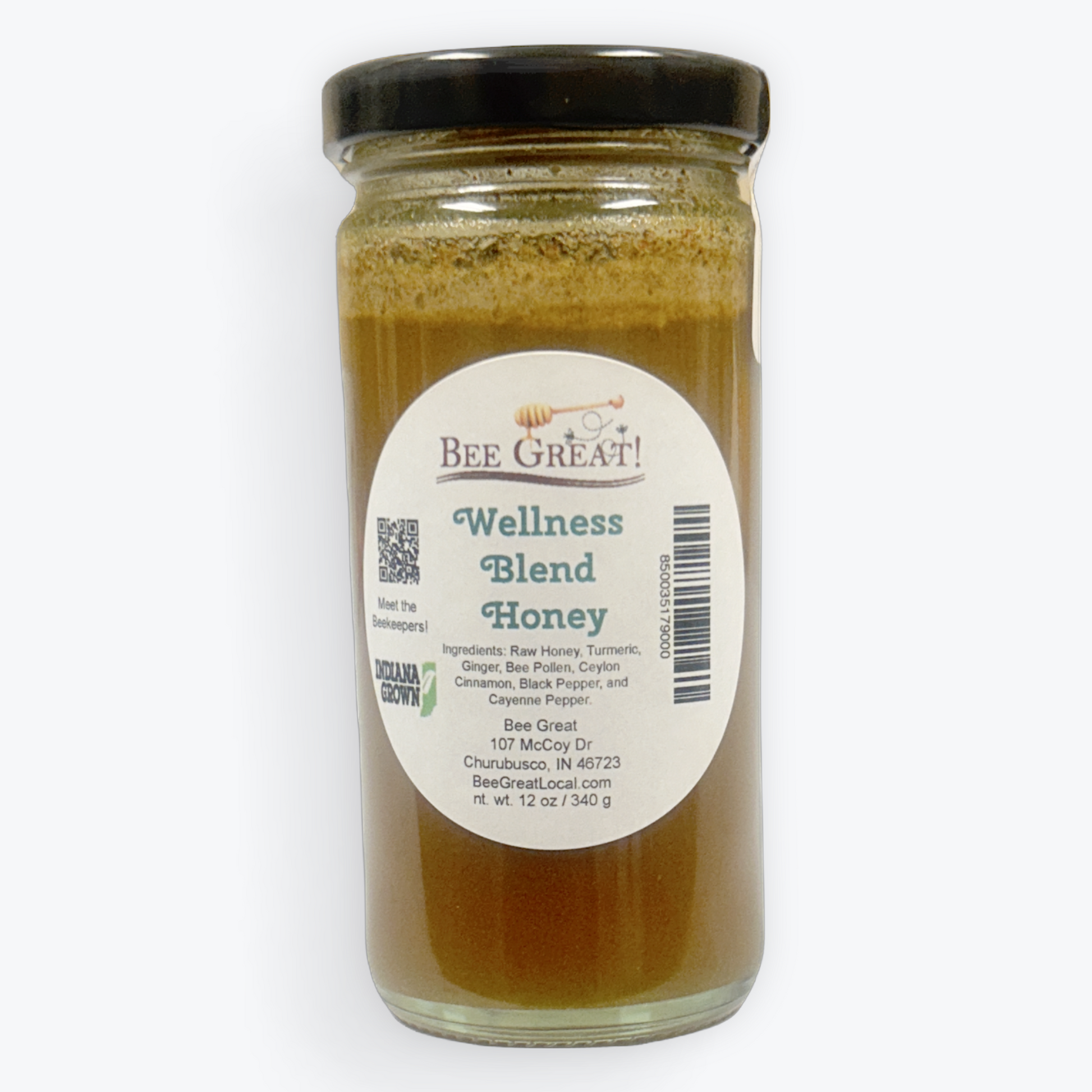 Jar of 'Bee Great!' Wellness Blend Honey on a white background