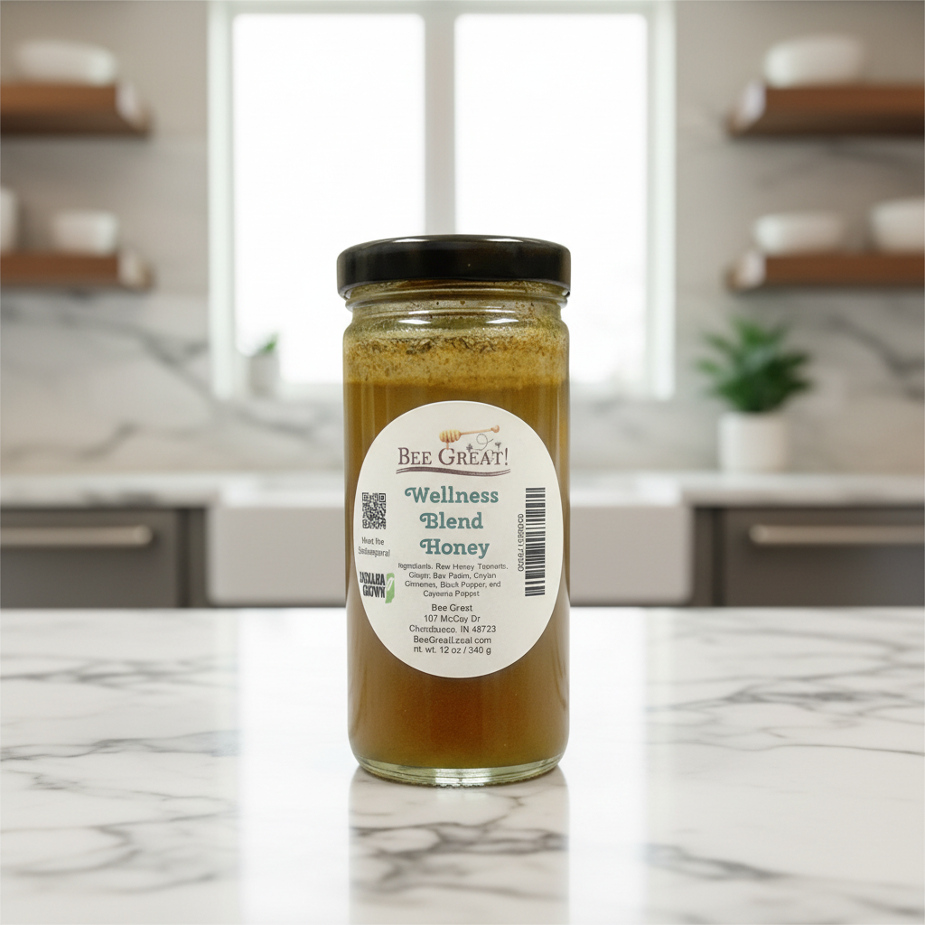 Jar of Wellness Blend Honey on a marble countertop with a kitchen background