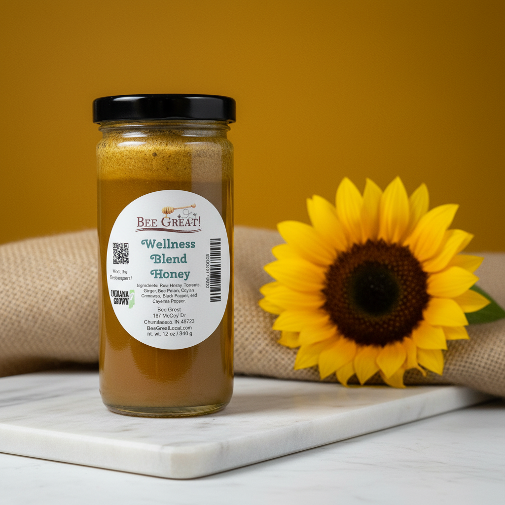 Jar of Bee Great Wellness Blend Honey with a sunflower on a yellow background