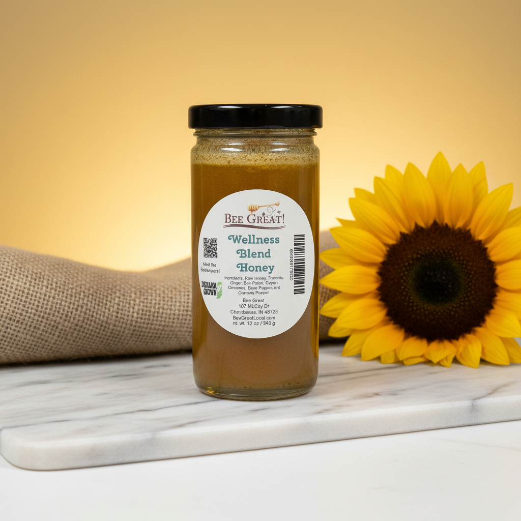 Jar of Bee Great Wellness Blend Honey with a sunflower on a marble surface