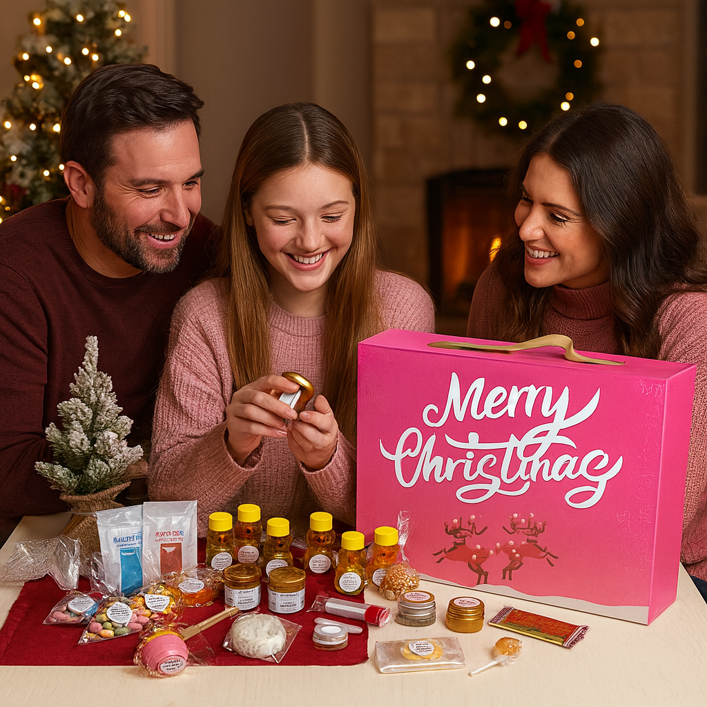 Three people opening a Bee Great advent calendar with Indiana gifts on a table.