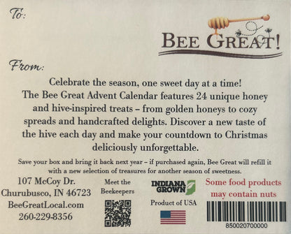 Bee Great Advent Calendar packaging with text and branding elements.