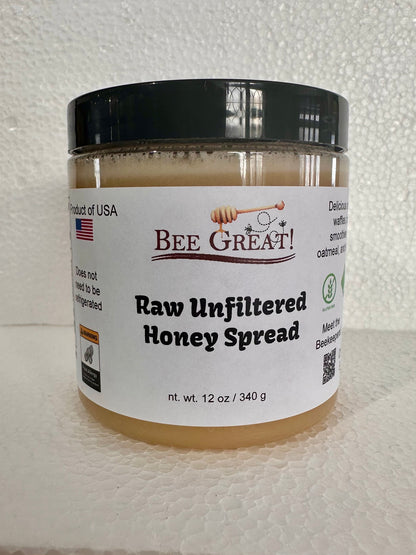 bee great raw unfiltered honey spread (creamed honey) in a plastic jar with black screw cap