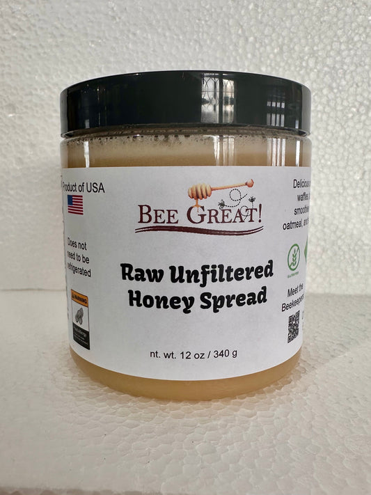 bee great raw unfiltered honey spread (creamed honey) in a plastic jar with black screw cap