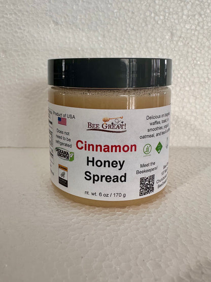 bee great cinnamon honey spread (creamed honey) in a plastic jar with black screw cap