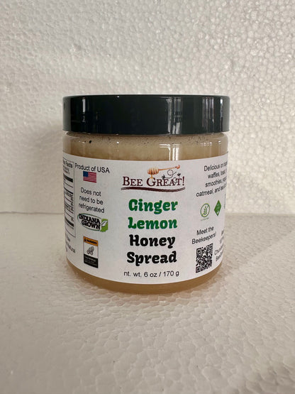bee great ginger honey spread (creamed honey) in a plastic jar with black screw cap