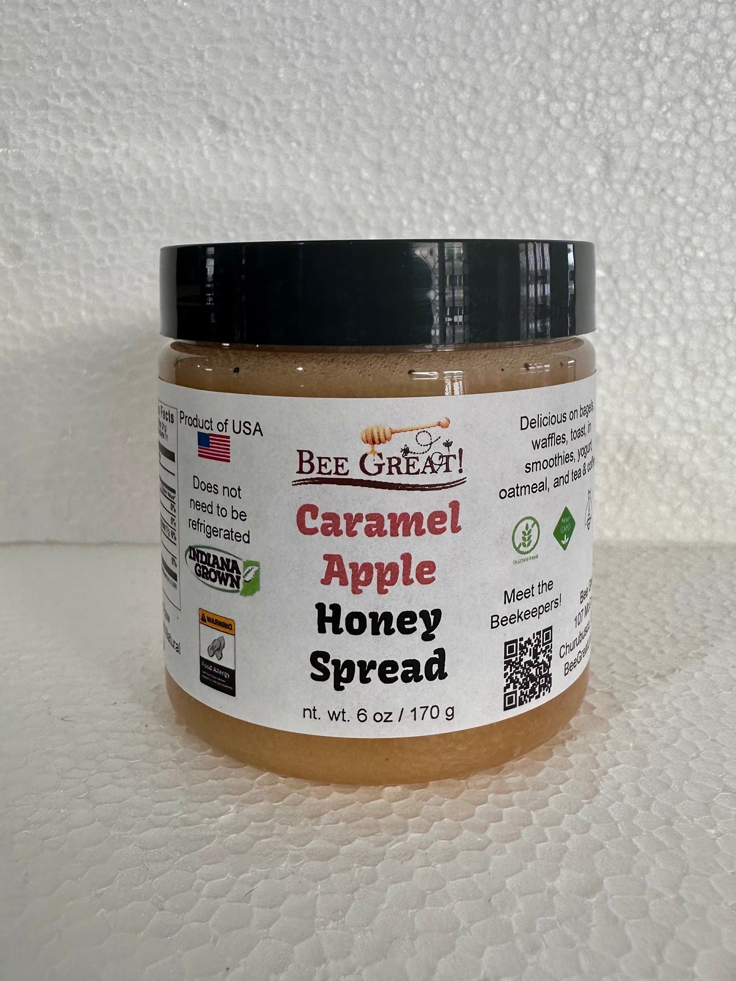 bee great carmel apple honey spread (creamed honey) in a plastic jar with black screw cap