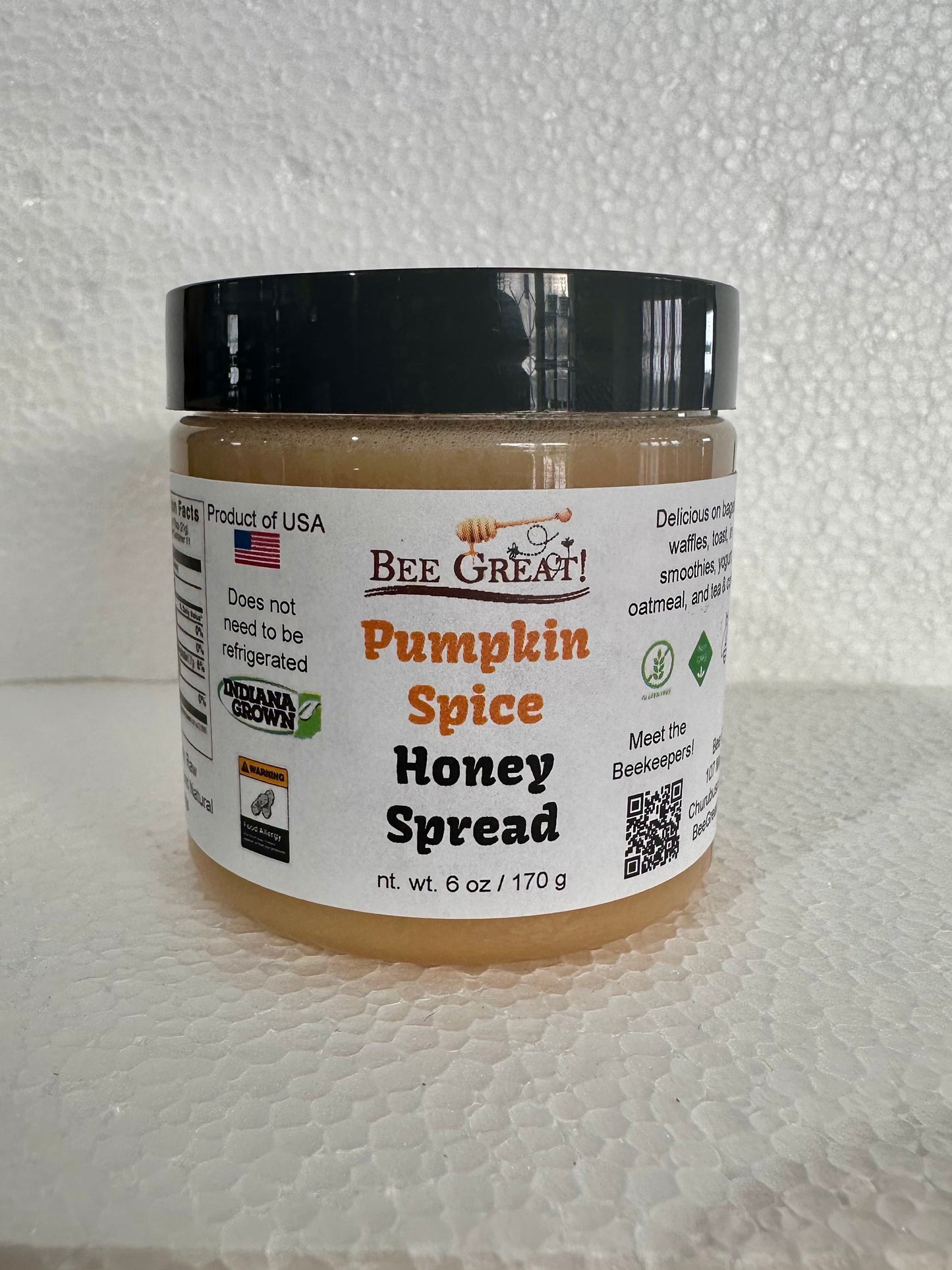 bee great pumpkin spice honey spread (creamed honey) in a plastic jar with black screw cap
