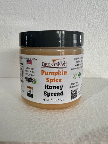 bee great pumpkin spice honey spread (creamed honey) in a plastic jar with black screw cap