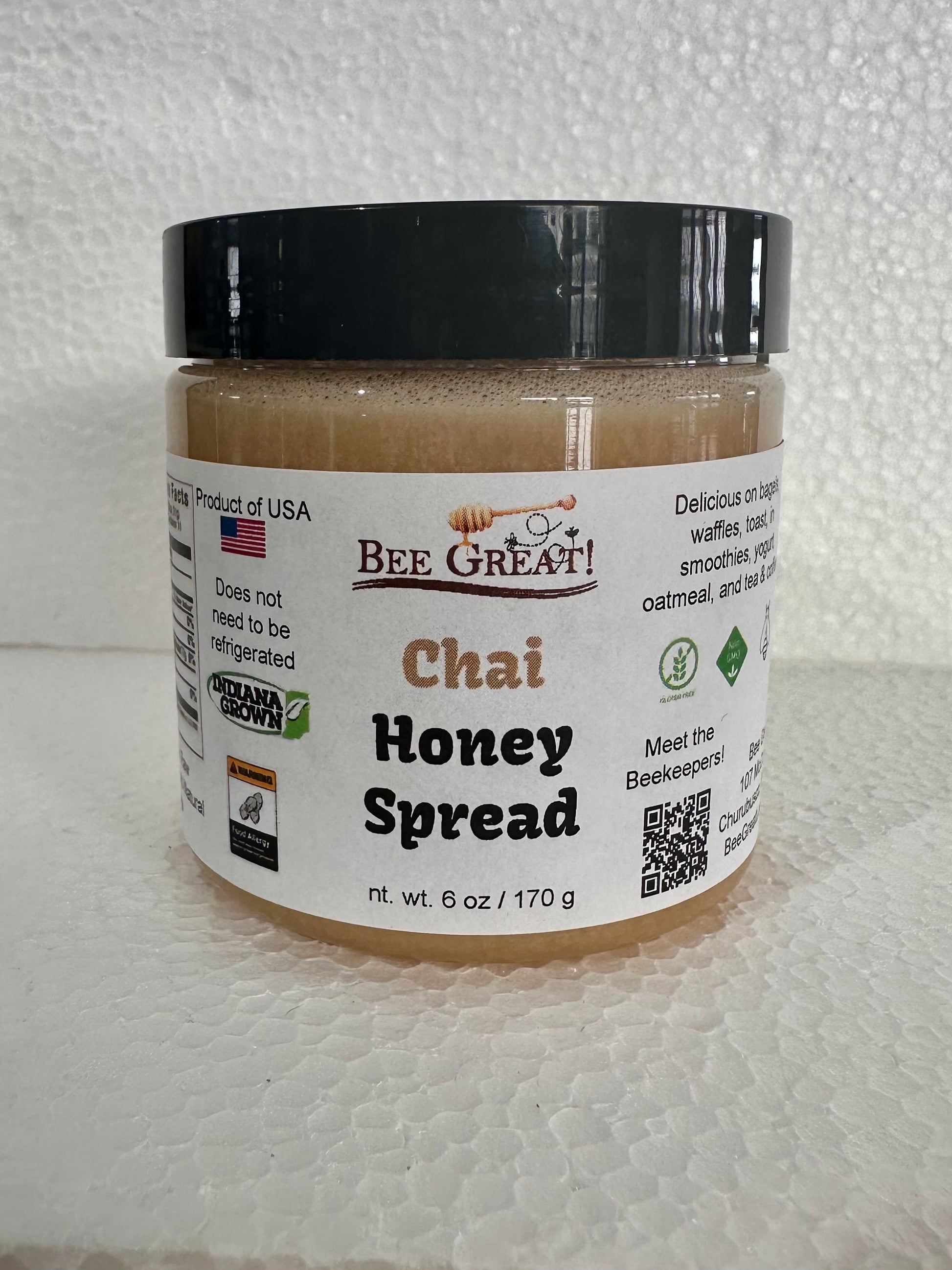 bee great chai honey spread (creamed honey) in a plastic jar with black screw cap
