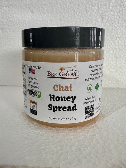 bee great chai honey spread (creamed honey) in a plastic jar with black screw cap