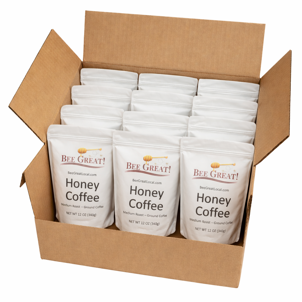 Bee Great Honey Coffee bulk case pack with multiple 12 oz bags for retail and wholesale sales in shipping box