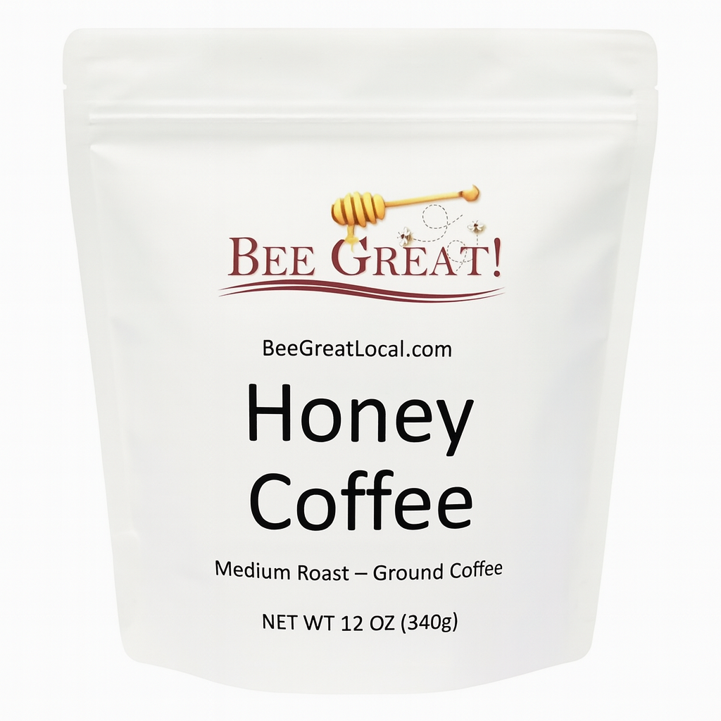 Bee Great Honey Coffee 12 oz bag medium roast ground Arabica coffee with subtle honey flavor