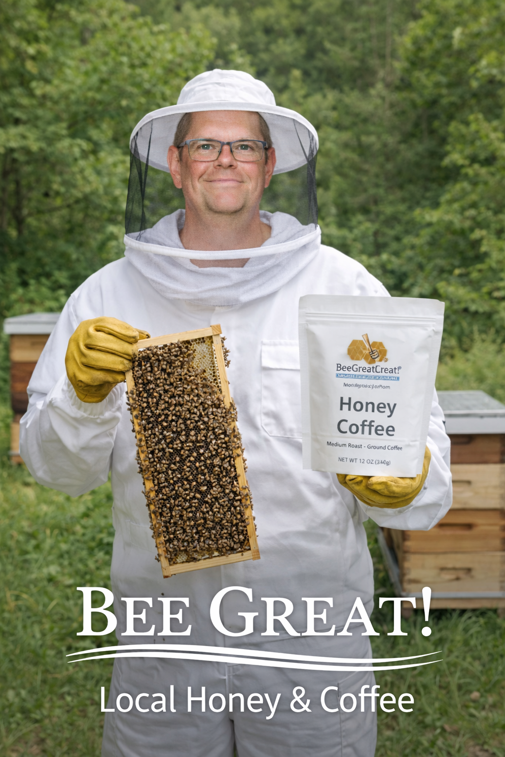Beekeeper holding a honeycomb frame and a bag of Bee Great Honey Coffee outdoors near beehives