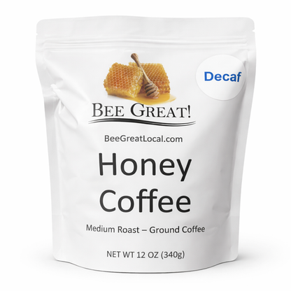 Bee Great Honey Coffee 12 oz bag medium roast ground Arabica decaf coffee with subtle honey flavor
