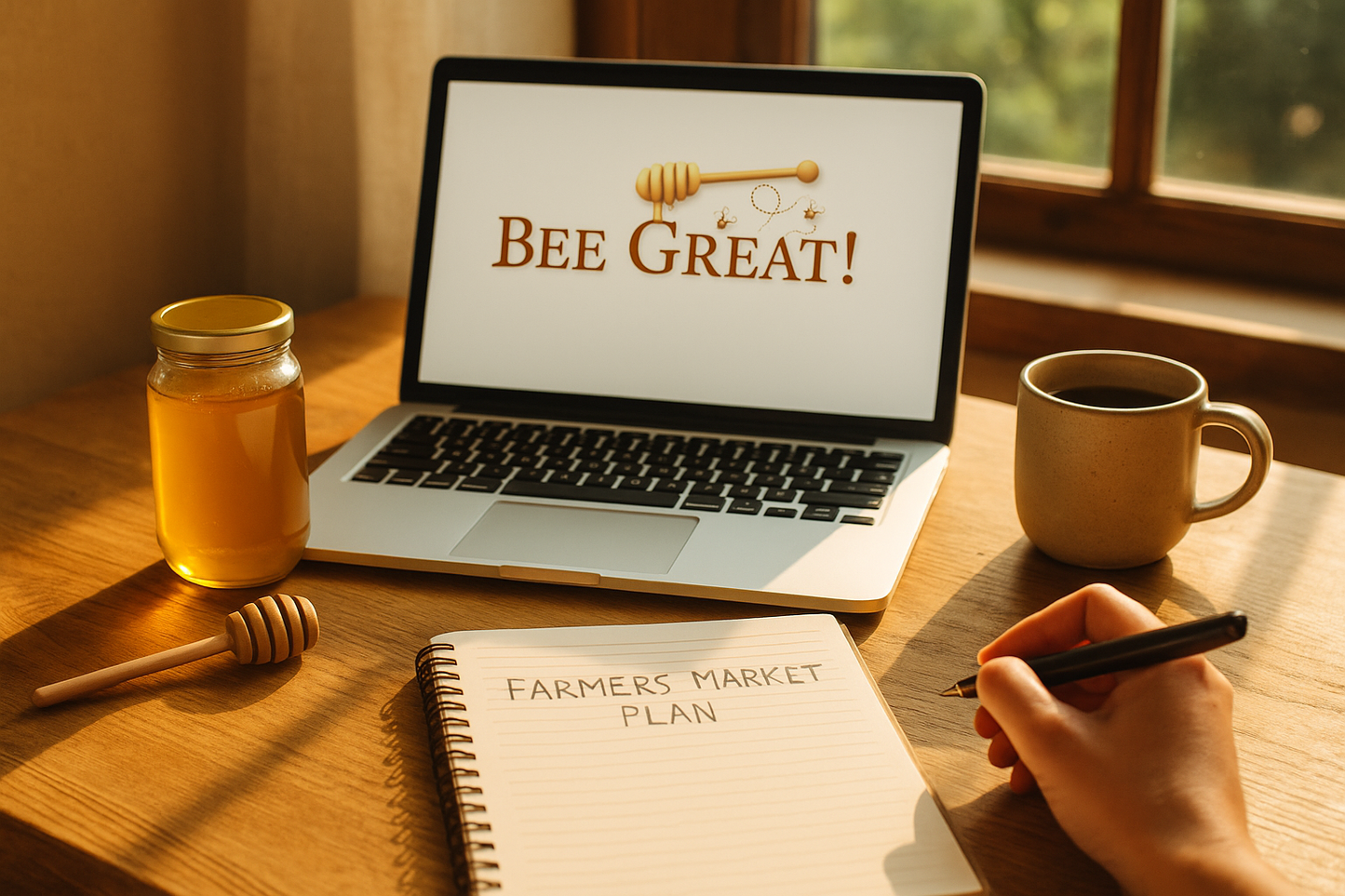 Cozy digital workspace with the Bee Great e-book on a tablet beside a coffee cup and natural accents — represents learning and building a farmers market business.