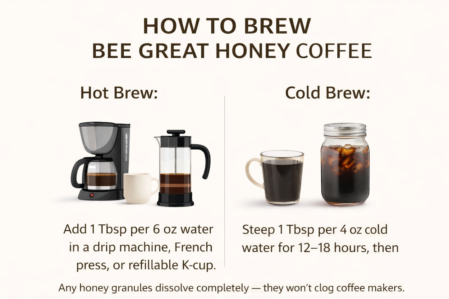 How to brew Bee Great Honey Coffee with hot brew and cold brew instructions