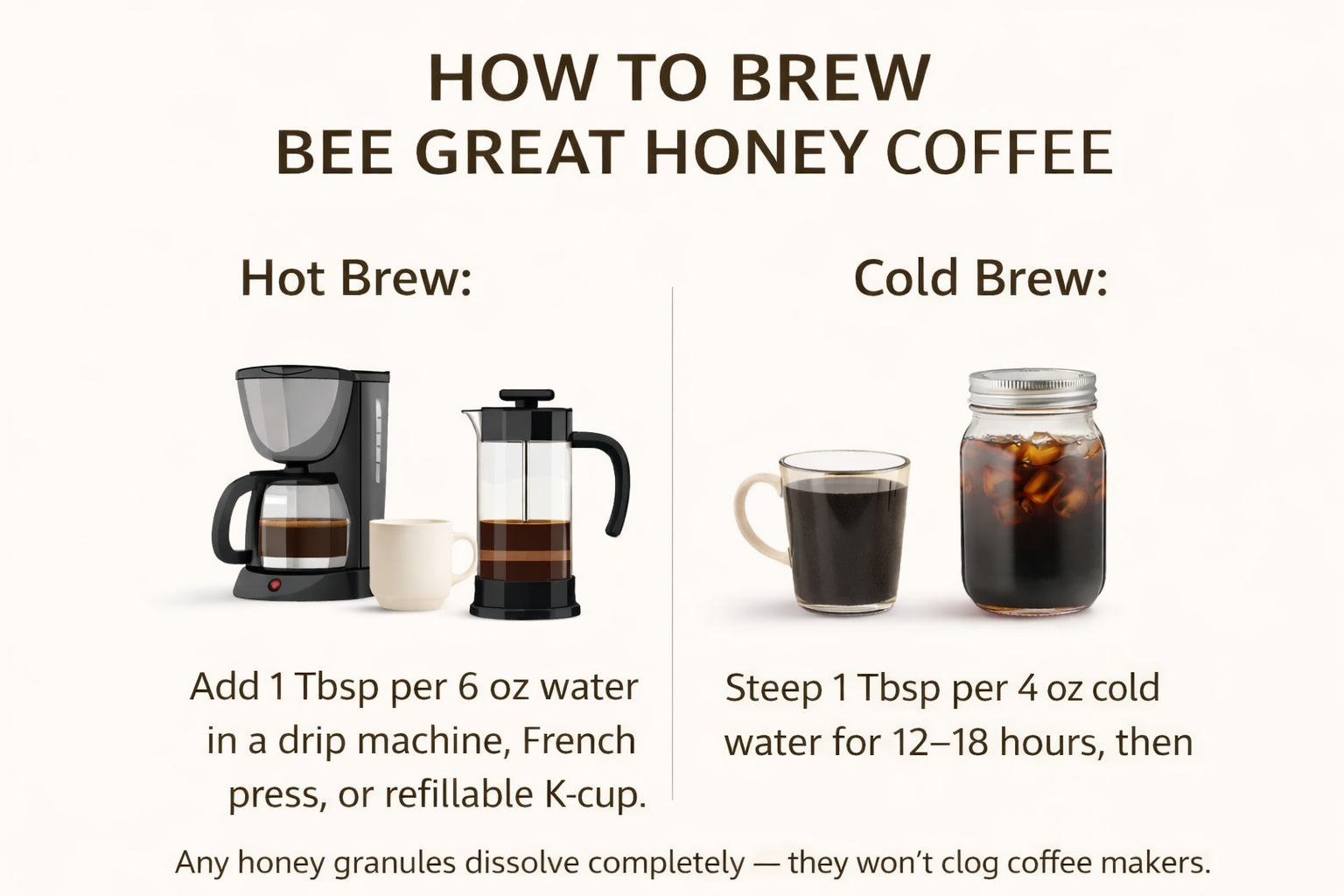 How to brew Bee Great Honey Coffee with hot brew and cold brew instructions