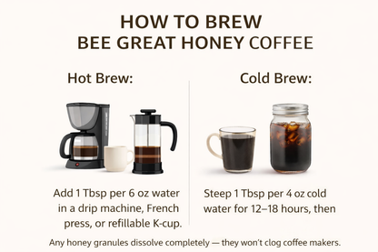 How to brew Bee Great Honey Coffee with hot brew and cold brew instructions