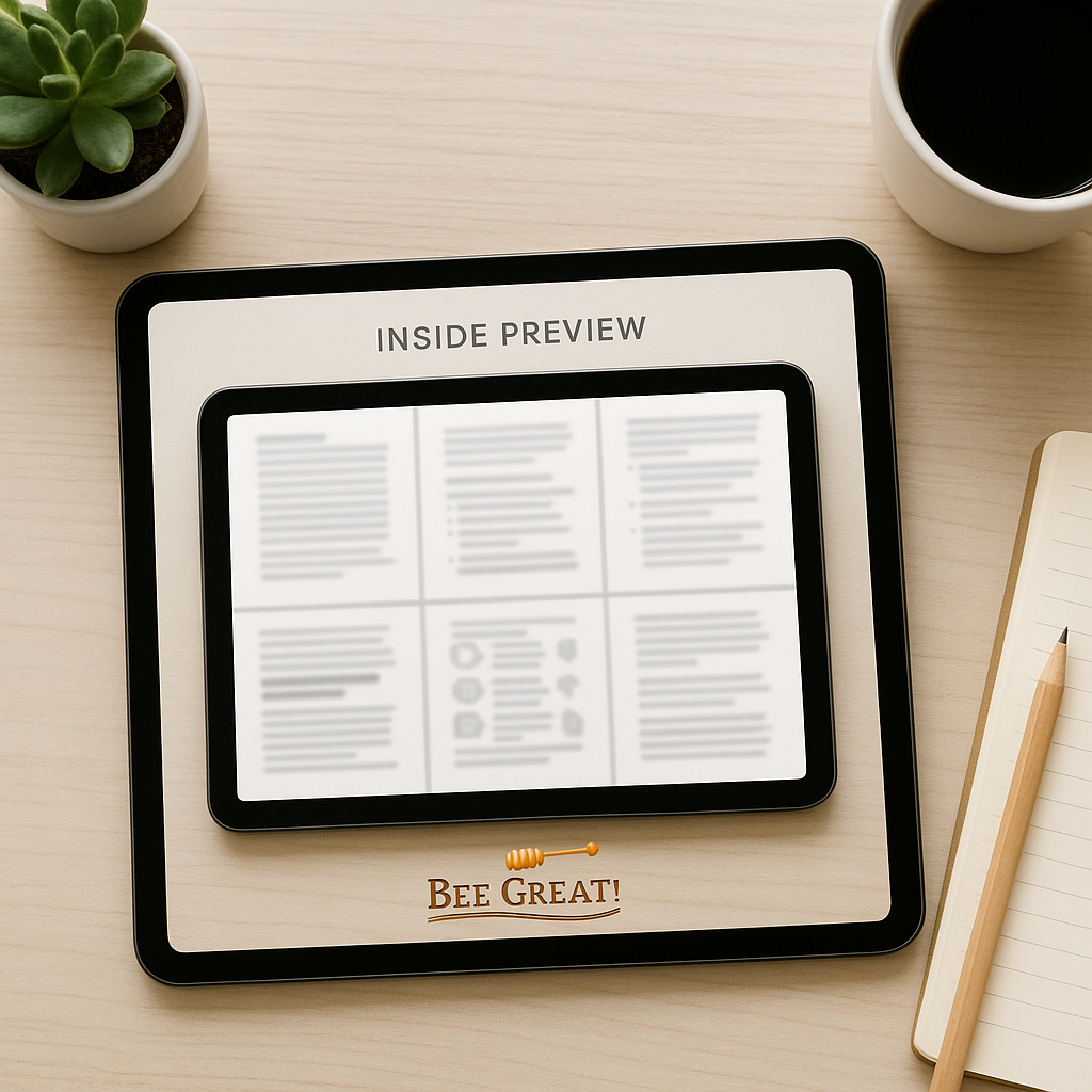 Tablet showing blurred inside pages of the Bee Great Farmers Market Guide, surrounded by coffee, notebook, and pencil — illustrating professional e-book layout.
