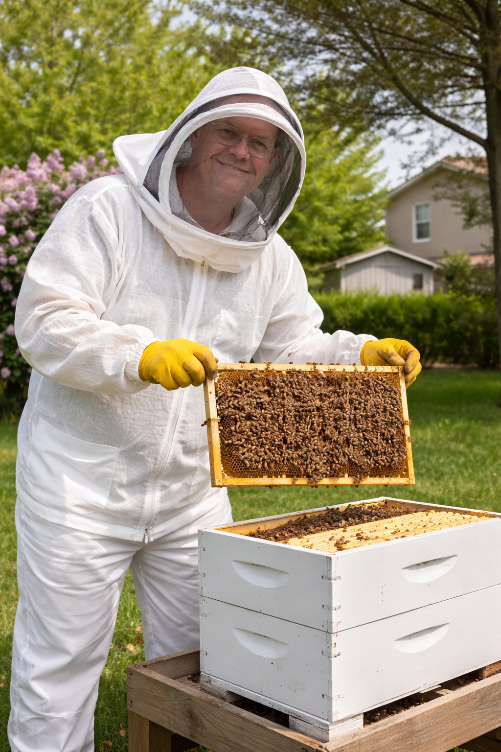 Beekeeper inspecting honeybee hive as part of managed beekeeping service in Indiana